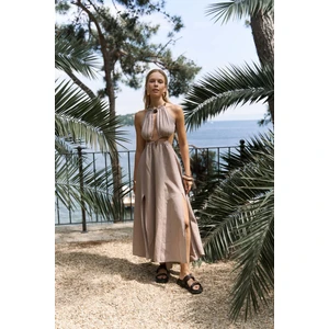 Bunina Bağcıklı Boncuk Detay Vizon Uzun Elbise