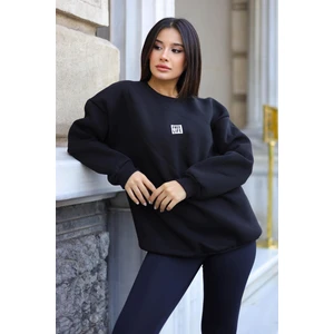 Kadın Siyah Free Life Baskılı 0 Sıfır Yaka Oversize Salaş Bol Kesim Polar Sweatshirt