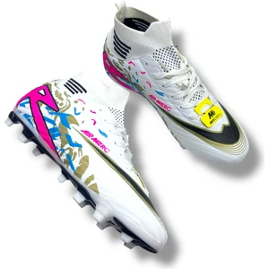 Çoraplı Unisex Krampon Halısaha & Çimsaha Ayakkabı Beyaz Fuşya Desenli