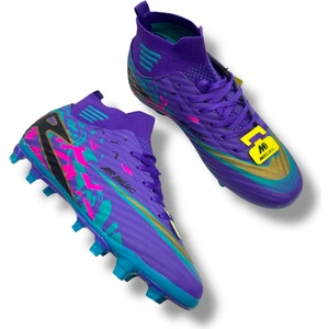 Çoraplı Unisex Krampon Halısaha & Çimsaha Ayakkabı Mor Turkuaz Desenli