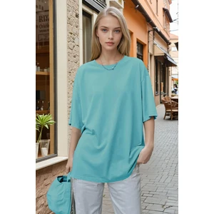 Kadın Mint Yeşili Basic Düz Baskısız Oversize Salas T-Shirt