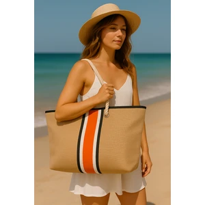 Turuncu Siyah Şeritli Büyük Boy Piknik ve Plaj Çantası –  Halat Saplı – 55X36X15 cm