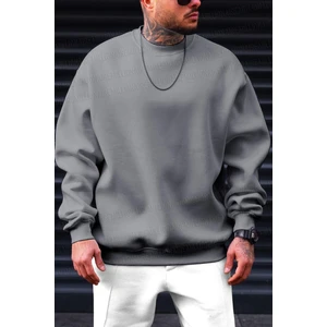 Erkek Koyu Gri Basic 0 Sıfır Yaka Baskısız Düz Oversize Salaş Bol Kesim Polar Sweatshirt