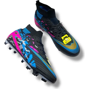 Çoraplı Unisex Krampon Halısaha & Çimsaha Ayakkabı Siyah Fuşya Desenli