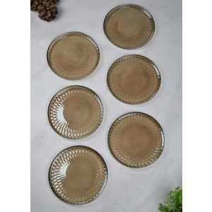 6'lı Füme Cam Desenli 16 cm Tatlı Tabağı Pasta Ikram Tabak