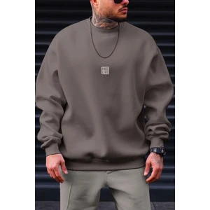 Erkek Açık Kahve Free Life Baskılı Kalın Soft 3 Iplik Içi Şardonlu 0 Sıfır Yaka Oversize Salaş Sweatshirt