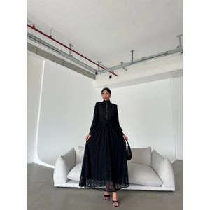 Ithal Tül Kumaş Dantel Detaylı Astarlı Elbise(Kuşak Dahildir)