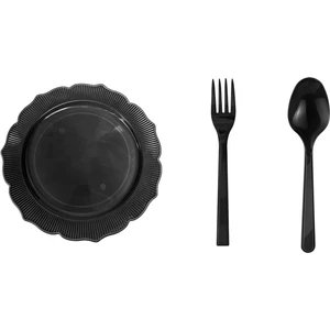26 Cm. Siyah Sorfa Davet Seti - Sert Mika Plastik - 24 Kişilik Tabak Çatal Kaşık Takımı