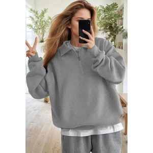 Kadın Gri Yarım Fermuar Polo Yaka 3 Iplik Içi Polarlı Şardonlu Oversize Sweatshirt