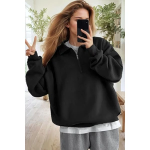 Kadın Siyah Yarım Fermuar Polo Yaka 3 Iplik Içi Polarlı Şardonlu Oversize Sweatshirt