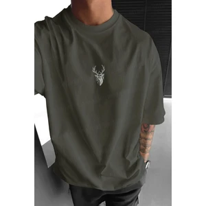 Erkek Haki Geyik Baskılı Oversize Fit Bol Geniş Kalıp Salaş Kesim T-Shirt