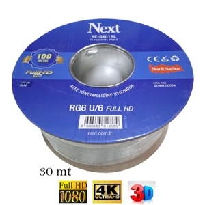 U6/64 Tel (30 Metre) Hazır Gold Uçlu Next Anten Kablosu Full Hd 3D 4K (Tak Kullan)