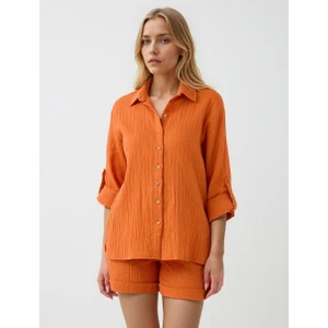 Jimmy Key Turuncu Uzun Kollu Düğme Detaylı Dokuma Gömlek