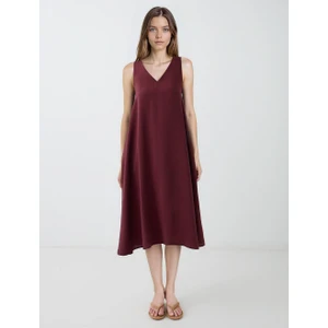 Jimmy Key Bordo V Yaka Bol Kesim Dokuma Elbise