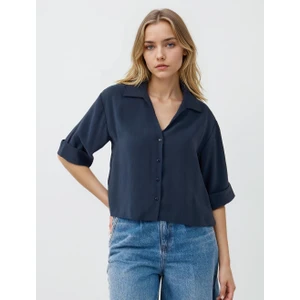 Jimmy Key Lacivert Düz Kesim Dirsek Kol Kısa Dokuma Gömlek