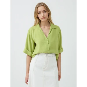 Jimmy Key Yeşil Düz Kesim Dirsek Kol Kısa Dokuma Gömlek