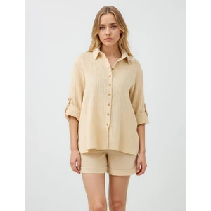Jimmy Key Bej Uzun Kollu Düğme Detaylı Dokuma Gömlek