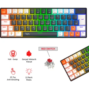 Neopulse Oyuncu Klavyesi Mekanik Klavye Gaming Klavye Red Switch Rainbow 63 Tuşlu Gasket Klavye Mini 12MOD SİYAH