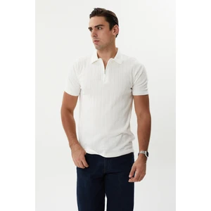 Erkek Beyaz %100 Pamuk Triko Yarım Fermuarlı Polo Tişört