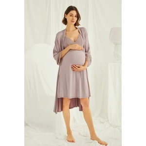 Kadın Vizon Ayarlanabilir Askılı Emzirme Özellikli Dantelli Hamile Lohusa Sabahlıklı Gecelik Takım