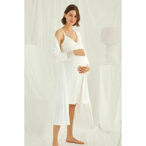 Kadın Ekru Ayarlanabilir Askılı Emzirme Özellikli Dantelli Hamile Lohusa Sabahlıklı Gecelik Takım