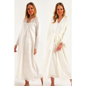 Kadın Ekru Lohusa Pamuklu Tesettür Gecelik Sabahlık Takımı