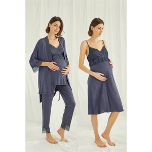 18432453 Kadın Lacivert Hamile Lohusa Seti Sabahlık Gecelik Pijama Takım