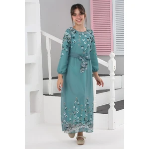 Kız Çocuk Astarlı Tam Boy Çiçek Desenli Iç Göstermeyen Şık ve Rahat Uzun Tesettür ELBISE-ELB-2040