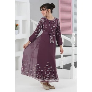 Kız Çocuk Astarlı Tam Boy Çiçek Desenli Iç Göstermeyen Şık ve Rahat Uzun Tesettür ELBISE-ELB-2040