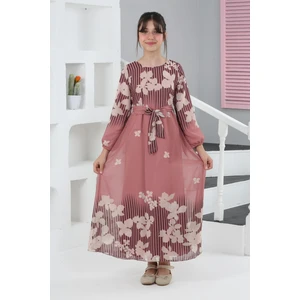 Kız Çocuk Astarlı Tam Boy Çiçek Desenli Iç Göstermeyen Şık ve Rahat Uzun Tesettür ELBISE-ELB-2040