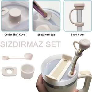 Quencher ve Yeni Nesil Pipetli Termos Uyumlu 3 Parça Sızdırmaz Koruyucu Aksesuar Silikon Set Krem
