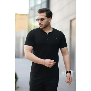Siyah Önü Düğmeli Sıfır Yaka Kısa Kollu Regular Fit Tişört- 2510