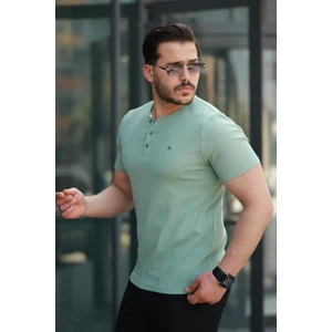 Su Yeşili Önü Düğmeli Sıfır Yaka Kısa Kollu Regular Fit Tişört- 2510
