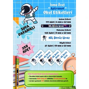 Uzay Astonot Temalı Kişiye Özel Suya Dayanıklı Okul Etiketi Seti - 258 Adet Isimli Etiket