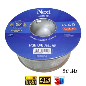 U6/64 Tel (20 Mt) Hazır Gold Uçlu Next Anten Kablosu Full Hd 3D 4K (Hazır Tak Kullan)