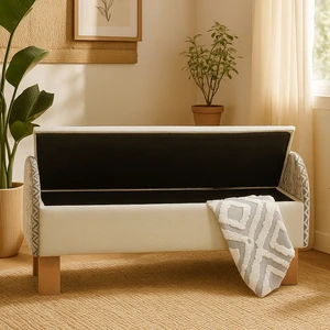 Lorenzo Sandıklı Puf/Bench Kırık Beyaz/Desenli Kumaş