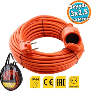 Uzatma Kablosu 40 Metre 3x2.5 mm Cca Ev Tipi Kapaklı Monofaze Topraklı Kablolu Tekli Grup Fiş Priz