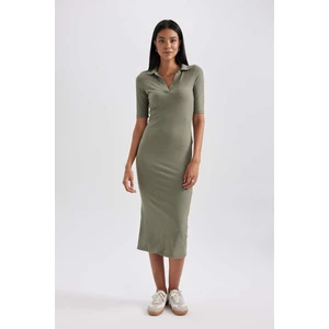 Bodycon Polo Yaka Fitilli Kaşkorse Midi Kısa Kollu Elbise A2096AX23SP