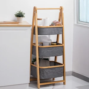 2085 3 Katlı Çok Amaçlı Organizer Dolap Ahşap Bambu Ayaklı 3 Hazneli Düzenleyici Kumaş Askılı Organizer Oyuncak Sepeti Banyo Mutfak Düzenleyicisi