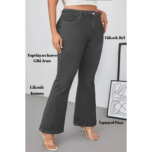 Cedy Denım - Kadın Siyah Büyük Beden Ispanyol Paça Yüksek Bel Skinny Fit Likralı Pantolon  C628