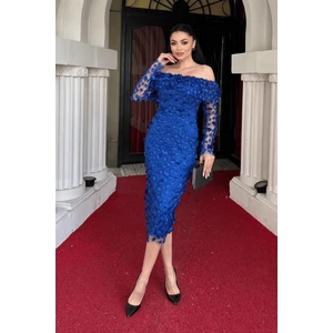 Üç Boyut Çiçekli Kumaş Kayık Yaka Kalem Elbise - Saks Mavi