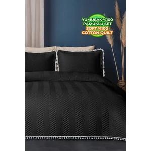 Evlen Home Collection Ponponlu %100 Pamuk Tek Kişilik Yatak Örtüsü ( Pike ) Takımı Siyah