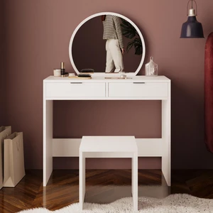 V2050 Flora Tabureli Makyaj Masası Beyaz Aynalı, Takı Düzenleyicili, Çekmeceli