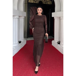 Tül Kumaş Büzgü Detaylı Kalem Elbise - Kahverengi