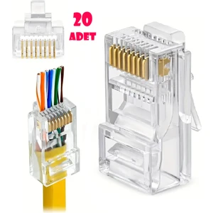 Yeni Nesil Ez RJ45 Konnektör Plug Cat6 Delikli Açık Uçlu Jack EZRJ45 (20 Adet)
