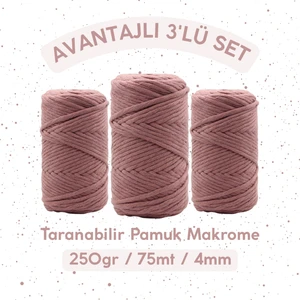 3'lü Paket Taranabilir Pamuk Makrome Ipi Tek Büküm 4mm Makrome Ip