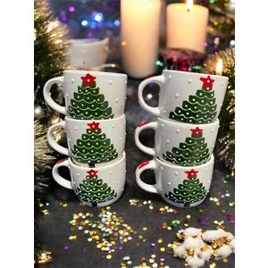 El Yapımı Yılbaşı Temalı El Boyaması Çam Ağacı Desenli Hediyelik 6'lı Seramik Kupa