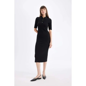 Bodycon Vücuda Oturan Basic Düz Düğmeli Polo Yaka Fitilli Kaşkorse Yarım Kollu Midi Siyah Elbise C2882AX24AU