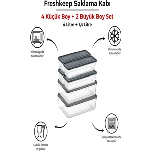 6 Adet Saklama Kabı (2 Büyük-4 Orta Boy) 4 Litre + 1,3 Litre Derin Dondurucu Mikrodalga Uyumlu