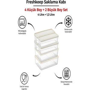6 Adet Saklama Kabı (2 Büyük-4 Orta Boy) 4 Litre + 1,3 Litre Derin Dondurucu Mikrodalga Uyumlu